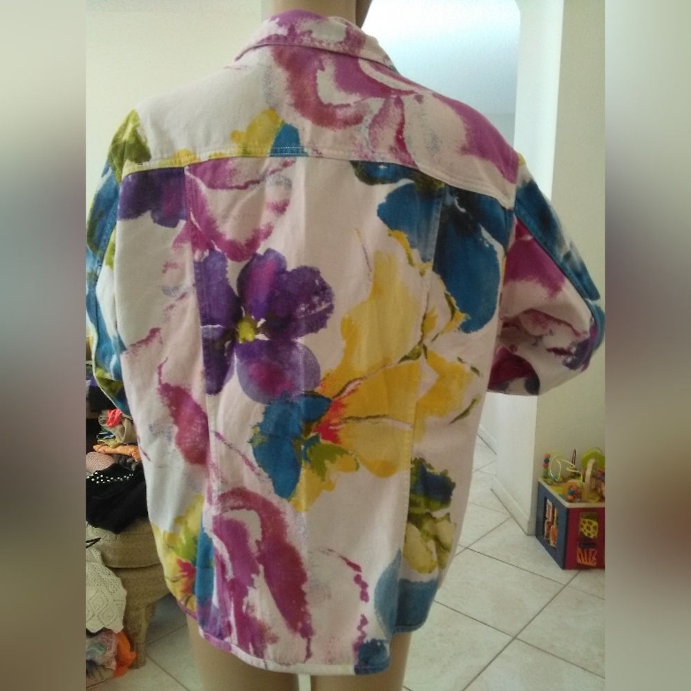 VINTAGE CHICOS ADORABLE INK BLOT FLORAL Multicolor Women's Denim Jacket SZ.3 - Picture 6 of 7